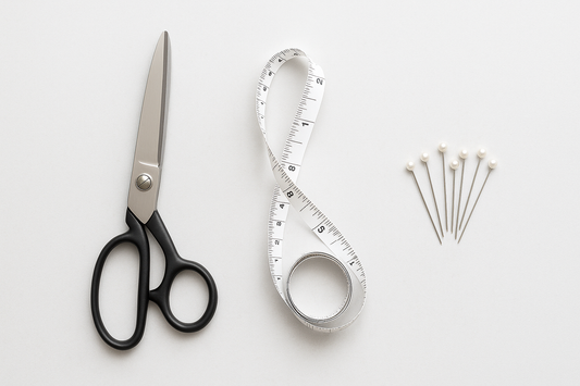 jasne tlo a na nim blat roboczy w kolorze jasnoszarym, na blacie leza nozyce krawieckie, miarka krawiecka oraz szpilki krawieckie